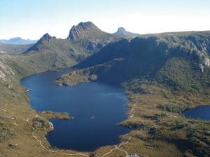 Aerial view of Dove Lake and Cradle Mountain in Cradle Mountain-Lake St Clair National Park, Tasmania