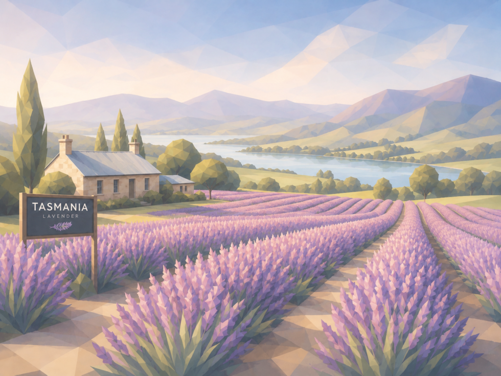 Image of a lavender field in full bloom in spring on a tasmania tour