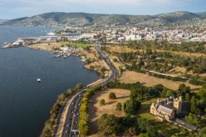 Aerial view of Hobart with the River Derwent, Government House and city skyline in the background