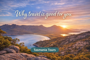 Wide coastal view over Freycinet National Park and Wineglass Bay lookout at golden hour